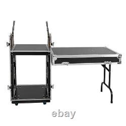 Black 14U PA DJ Rack Road Case with 11U Slant Mixer Top, DJ Table Top with Casters