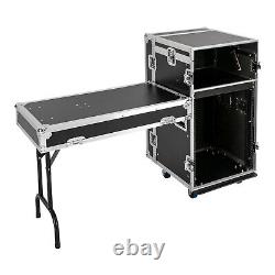 Black 14U PA DJ Rack Road Case with 11U Slant Mixer Top, DJ Table Top with Casters