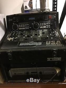 Tabletop DJ rack, mixer, amp, dual CD player, and power conditioner. Great Deal
